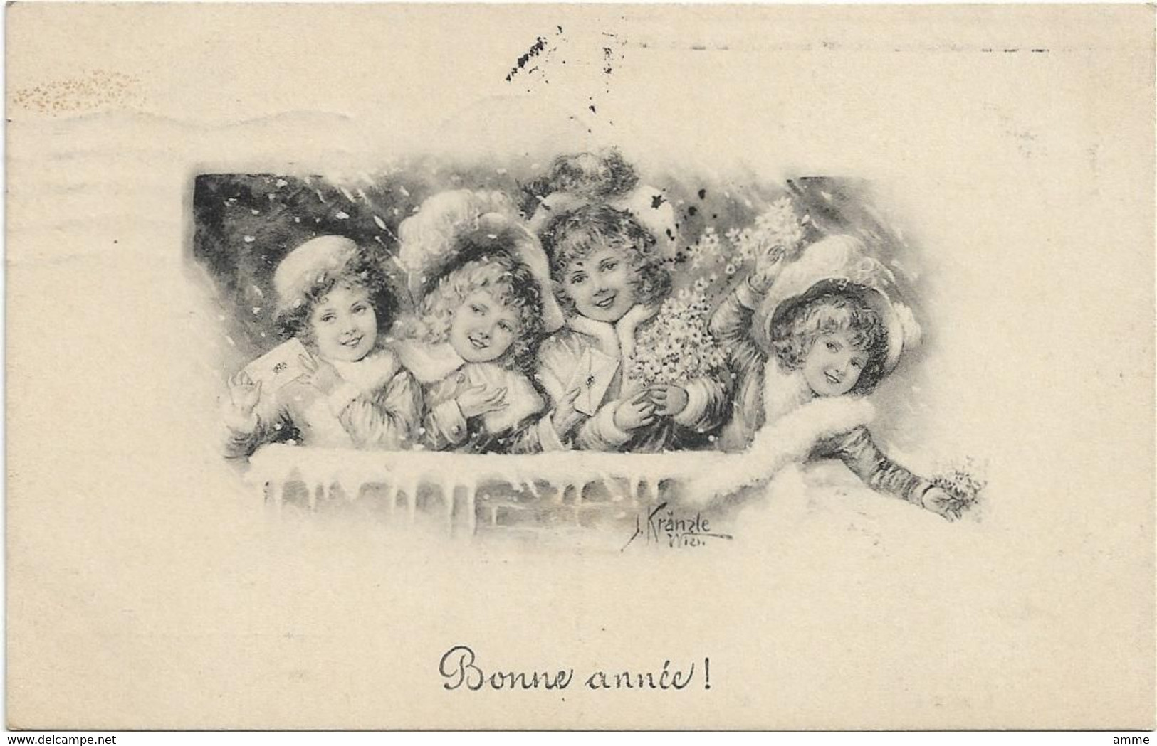 Vintage  Postcard  *  Bonne Année  (signée J.Kränzle,  Austria ) Children   (Style Vienne) - Kraenzle