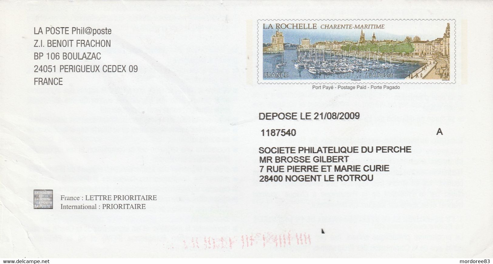 PAP LA ROCHELLE CHARTE DE LA PHILATELIE 2009 PHILAPOSTE BOULAZAC - Prêts-à-poster:Stamped On Demand & Semi-official Overprinting (1995-...)