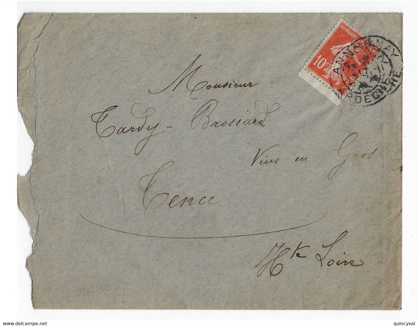 ANNONAY Ardéche Lettre 10c Semeuse Issu De Carnet De 20 Bas De Feuille Marge Yv 138 Ob 17 11 1914 - 1906-38 Säerin, Untergrund Glatt