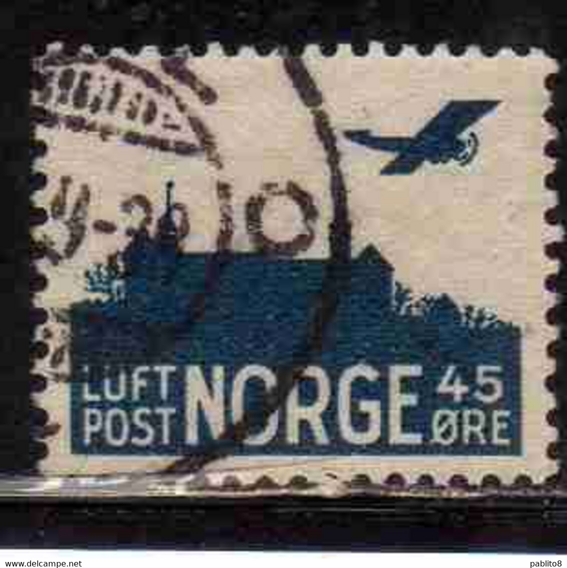 NORWAY NORGE NORVEGIA NORVEGE 1937 AIR POST MAIL AIRMAIL AIRPLANE OVER AKERSHUS CASTLE 45o USED USATO OBLITERE' - Usados