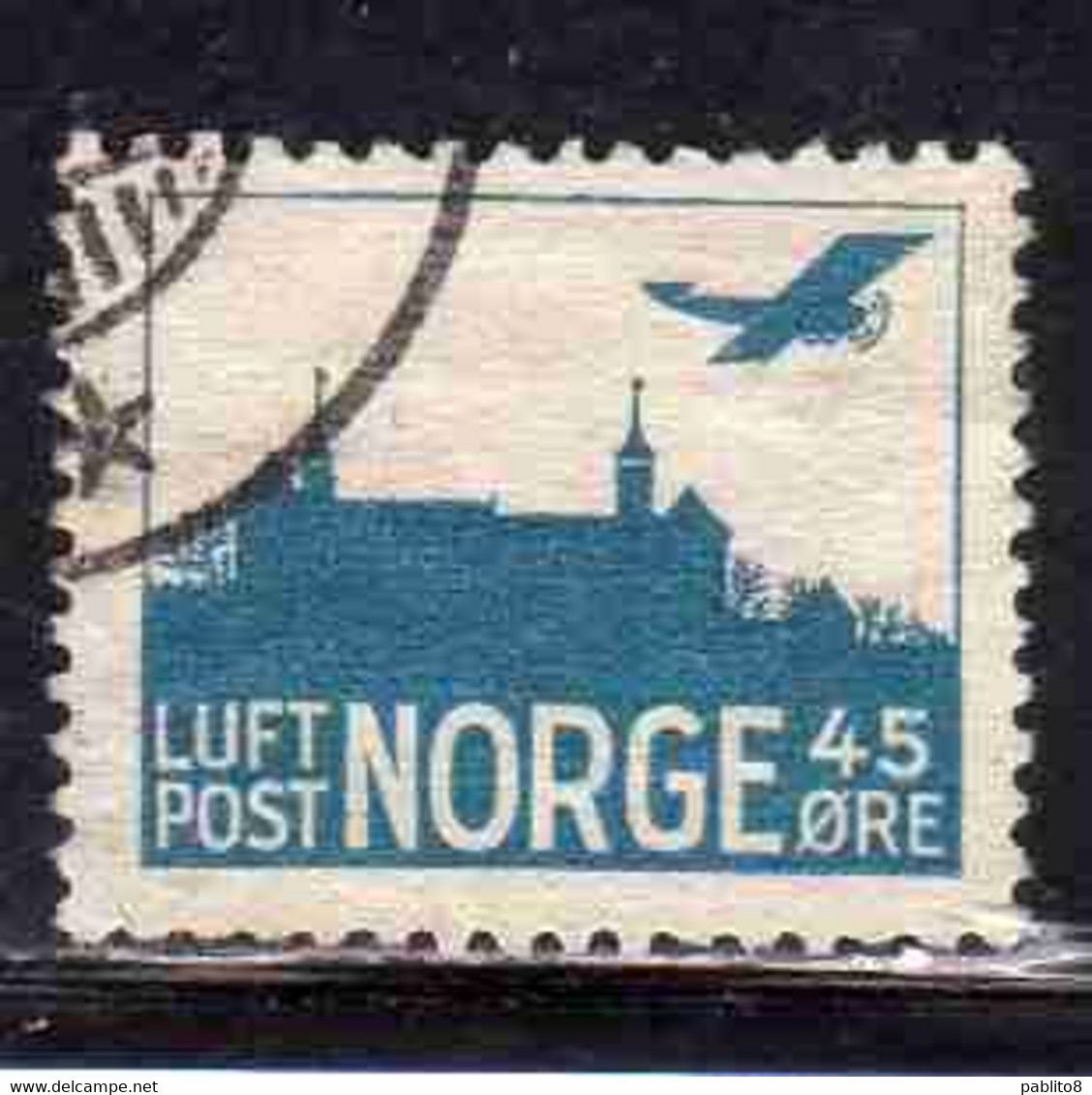 NORWAY NORGE NORVEGIA NORVEGE 1927 1934 AIR POST MAIL AIRMAIL AIRPLANE OVER AKERSHUS CASTLE 45o USED USATO OBLITERE' - Gebraucht