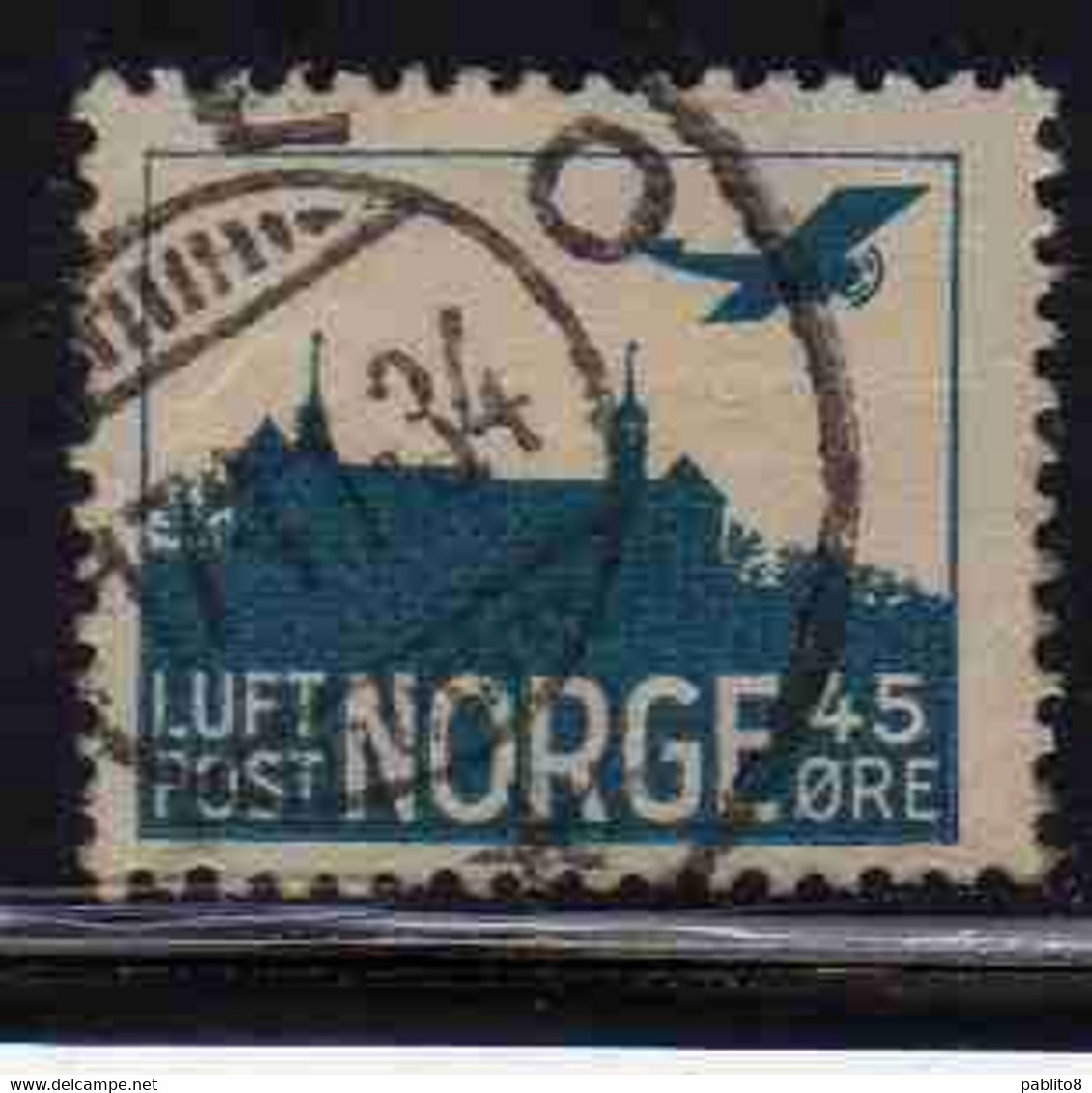 NORWAY NORGE NORVEGIA NORVEGE 1927 1934 AIR POST MAIL AIRMAIL AIRPLANE OVER AKERSHUS CASTLE 45o USED USATO OBLITERE' - Gebruikt