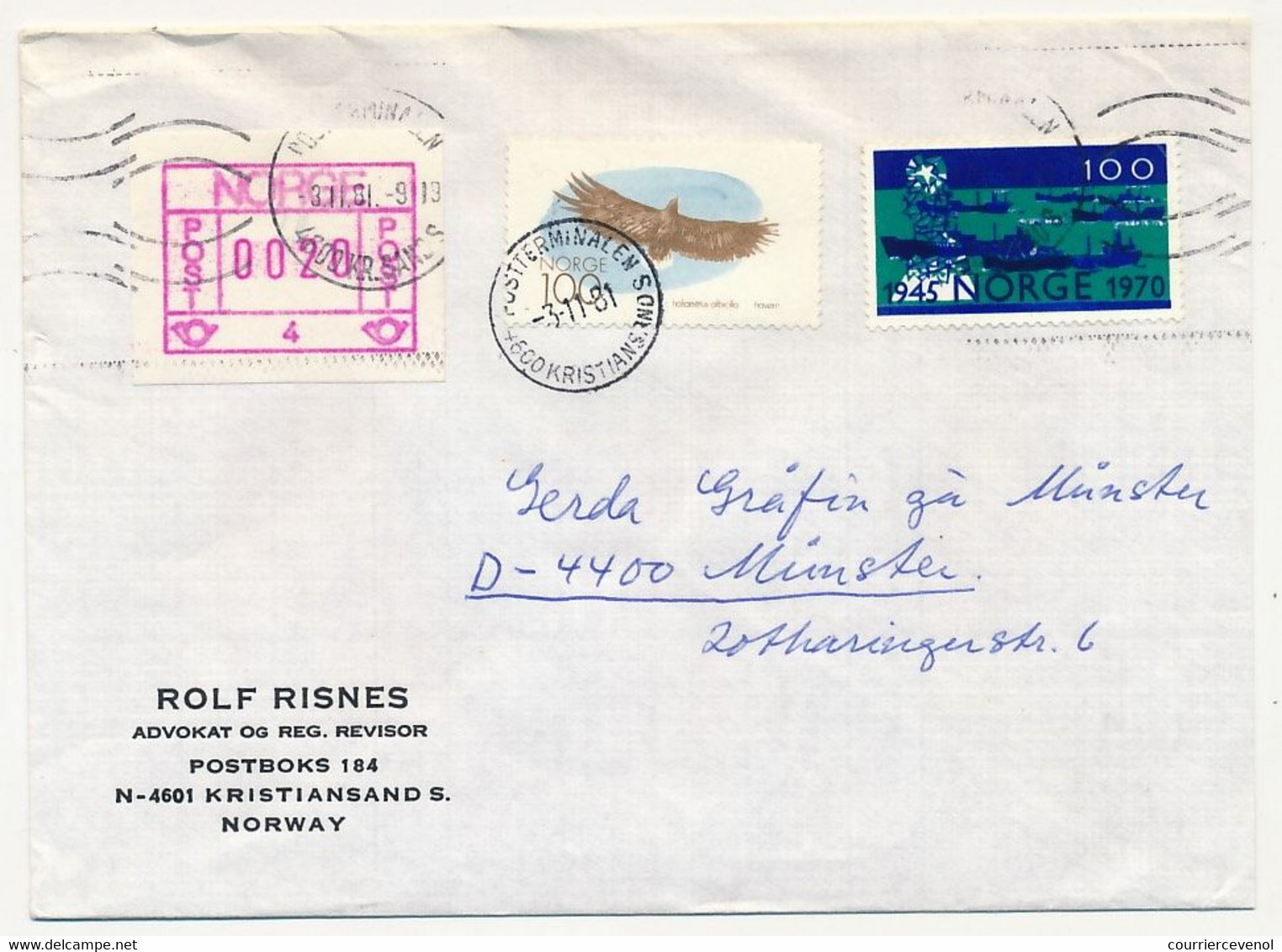 NORVEGE - Lot 9 enveloppes diverses, affranchissements composés avec étiquette ATM, 1981