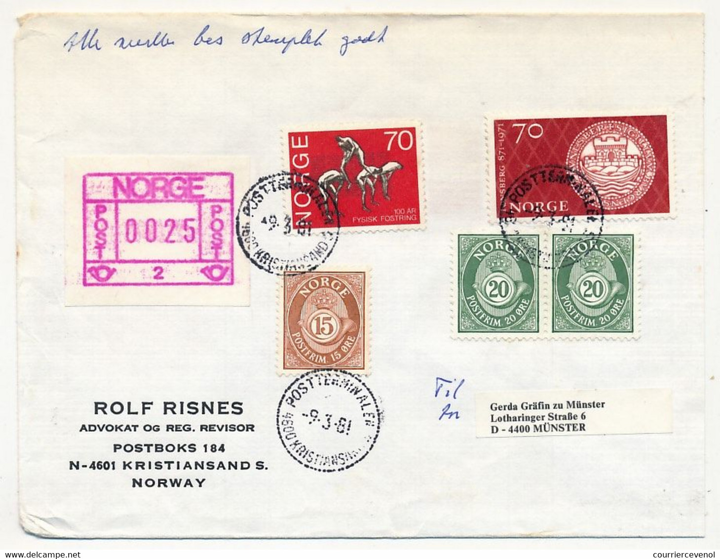 NORVEGE - Lot 9 enveloppes diverses, affranchissements composés avec étiquette ATM, 1981