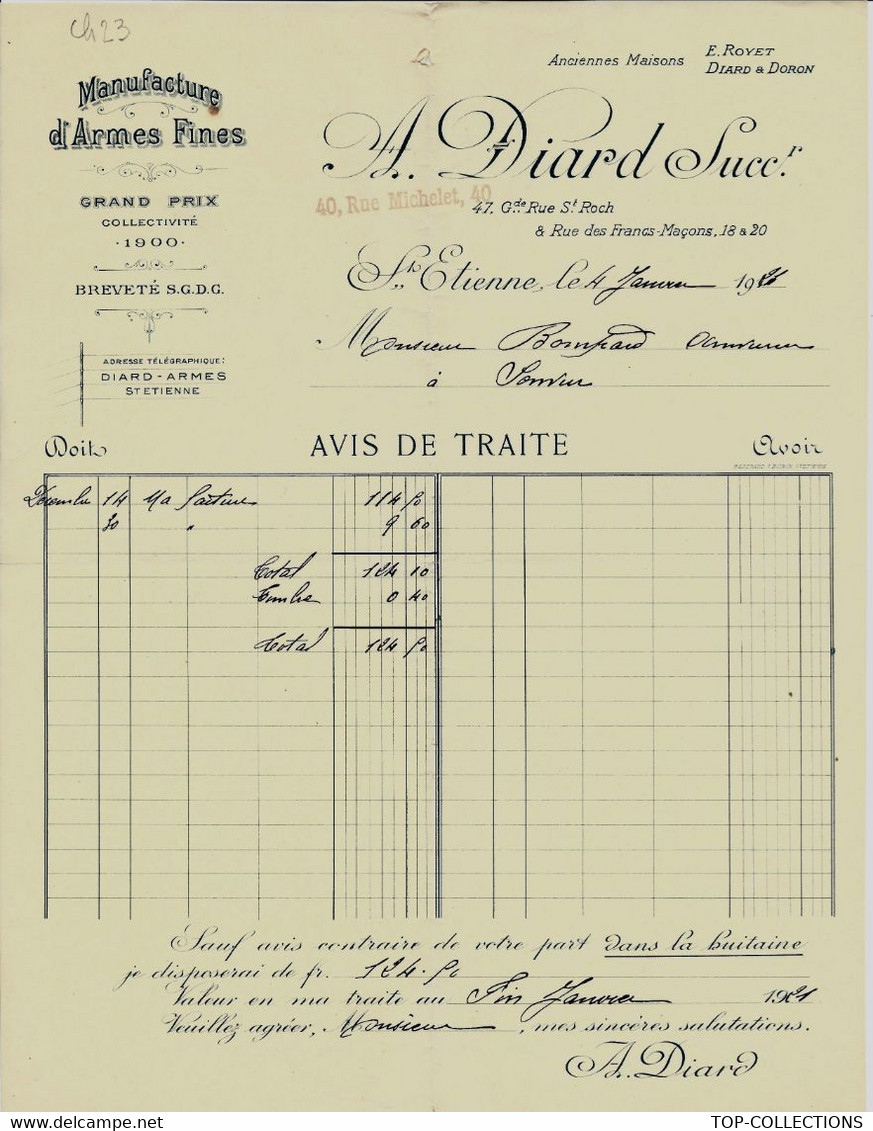 1921 ENTETE MANUFACTURE ARMES FINES  DIARD à St Etienne Loire Pour Bompard à Semur En Auxois Cote D’Or B.E. - 1900 – 1949