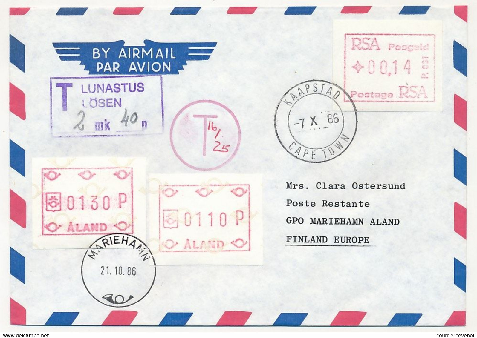 ALAND - 4 Enveloppes En Poste Restante, Taxes Payées Par étiquettes ATM - Départ Idem De RSA, Islande, Belgique, ... - Aland