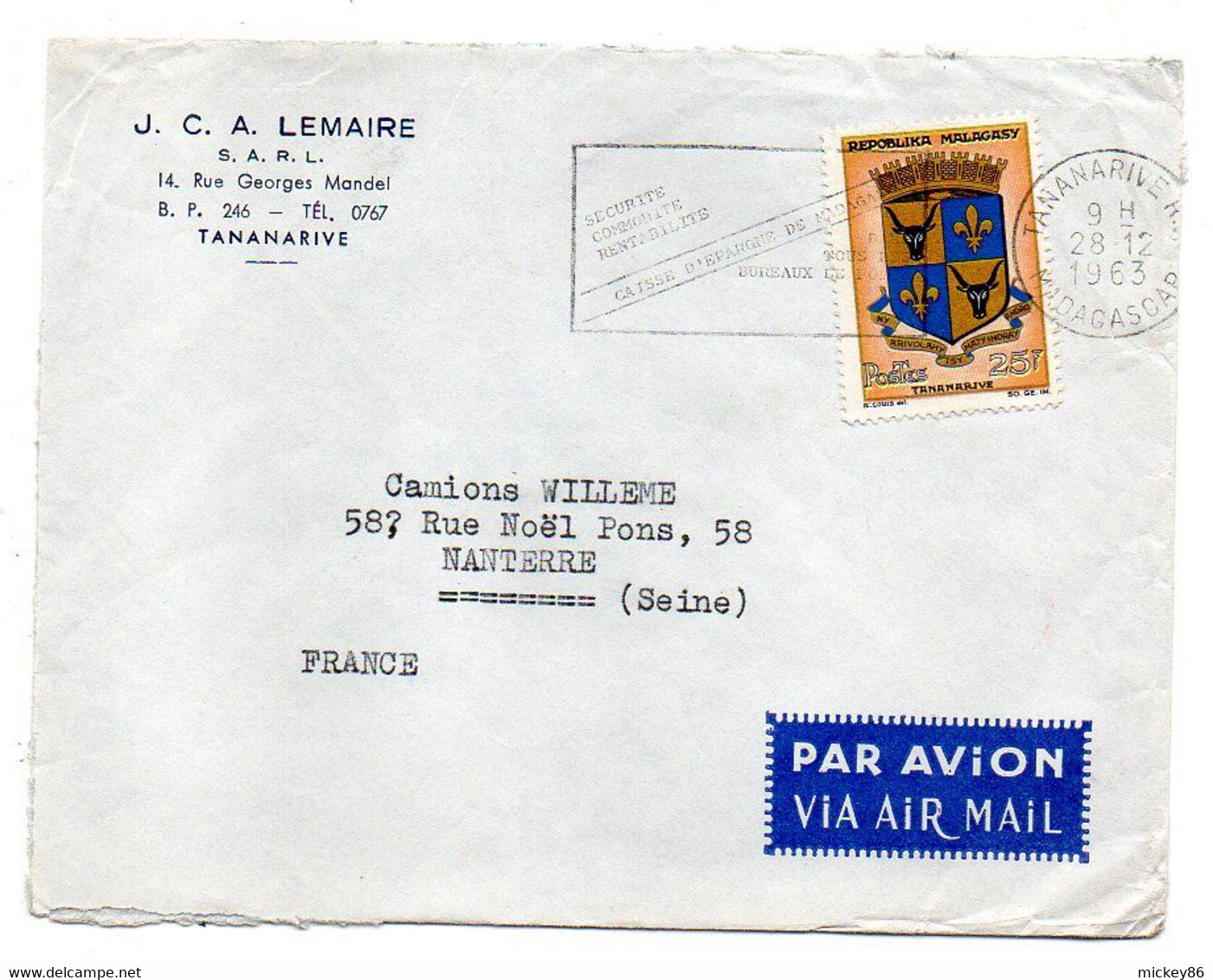 MADAGASCAR -1963--Lettre TANANARIVE  Pour  NANTERRE-92 (France) ..timbre Blason Seul Sur Lettre.....cachet - Madagascar (1960-...)