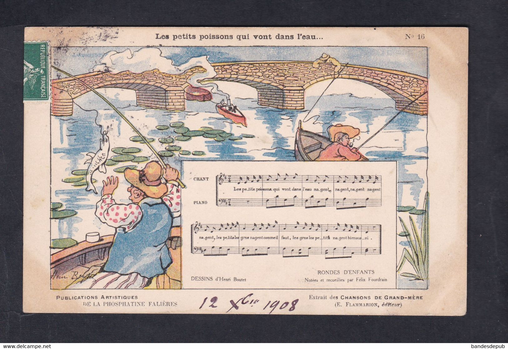 Illustrateur Henri Boutet   Petits Poissons Qui Vont Ds L'eau Peche Chanson Francaise Pub Phosphatine Falieres - Boutet