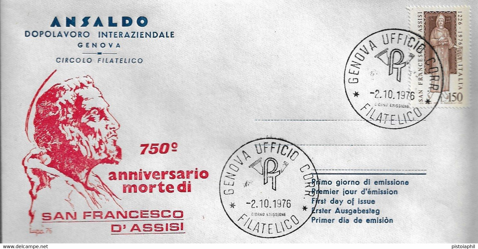 Fdc Ansaldo: SAN FRANCESCO (1976); Non Viaggiata; Annullo Filatelico Genova - FDC