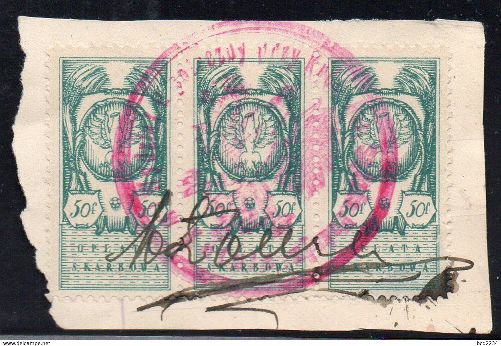 POLAND REVENUE 1919 PROVINCIAL ISSUE NORTHERN POLAND 50F GREEN PERF BF#15 STRIP OF 3  Stempelmarke Document Tax Duty - Fiscaux