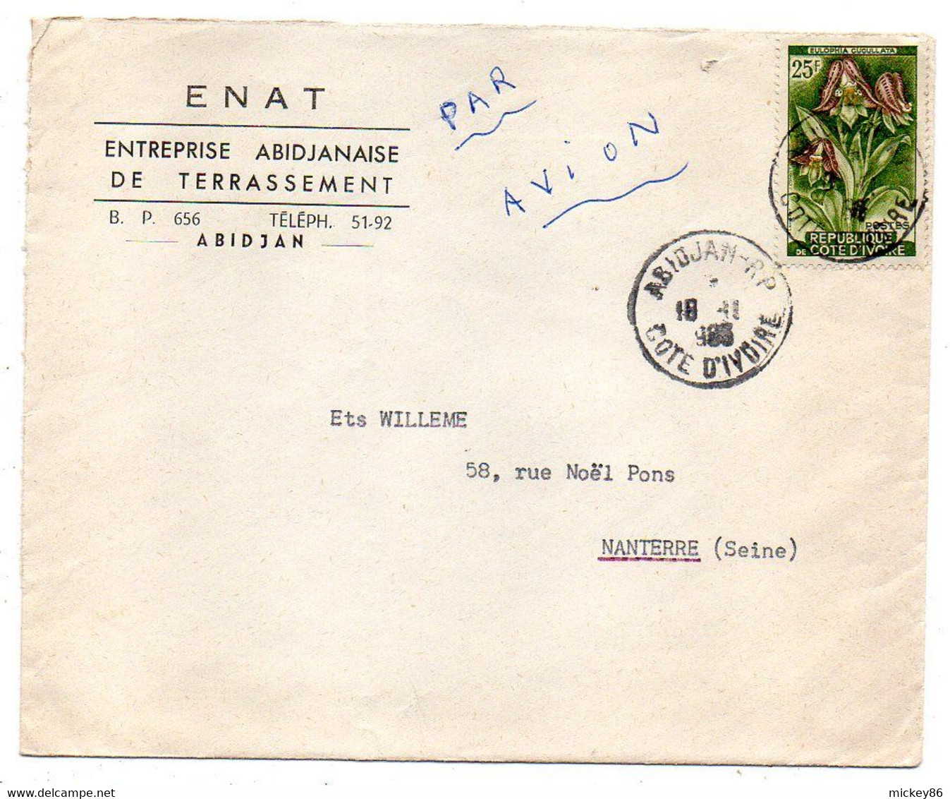 Cote D'Ivoire --1965 --Lettre ABIDJAN  Pour  NANTERRE-92 (France) ..timbre Seul Sur Lettre.... Cachet - Costa De Marfil (1960-...)