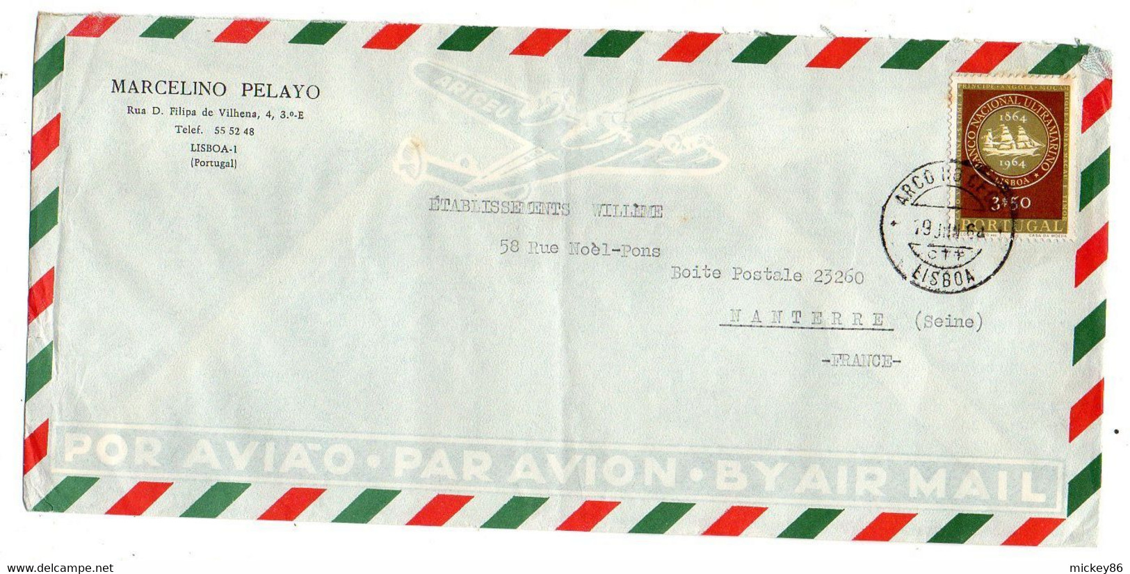 PORTUGAL--1964--lettre  LISBOA  Pour NANTERRE-92 (France ) ,timbre  Seul  Sur Lettre.....cachet - Lettres & Documents
