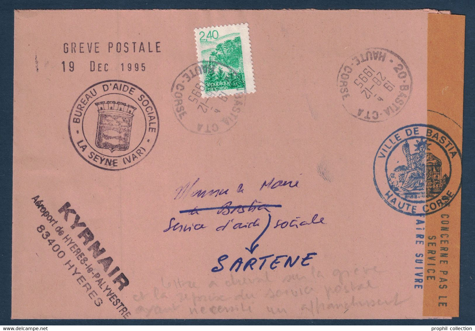 GRIFFE GREVE POSTALE DECEMBRE 1995 CACHET VILLE DE BASTIA CORSE + BUREAU D'AIDE SOCIALE LA SEYNE KYRNAIR AEROPORT HYERES - Documentos