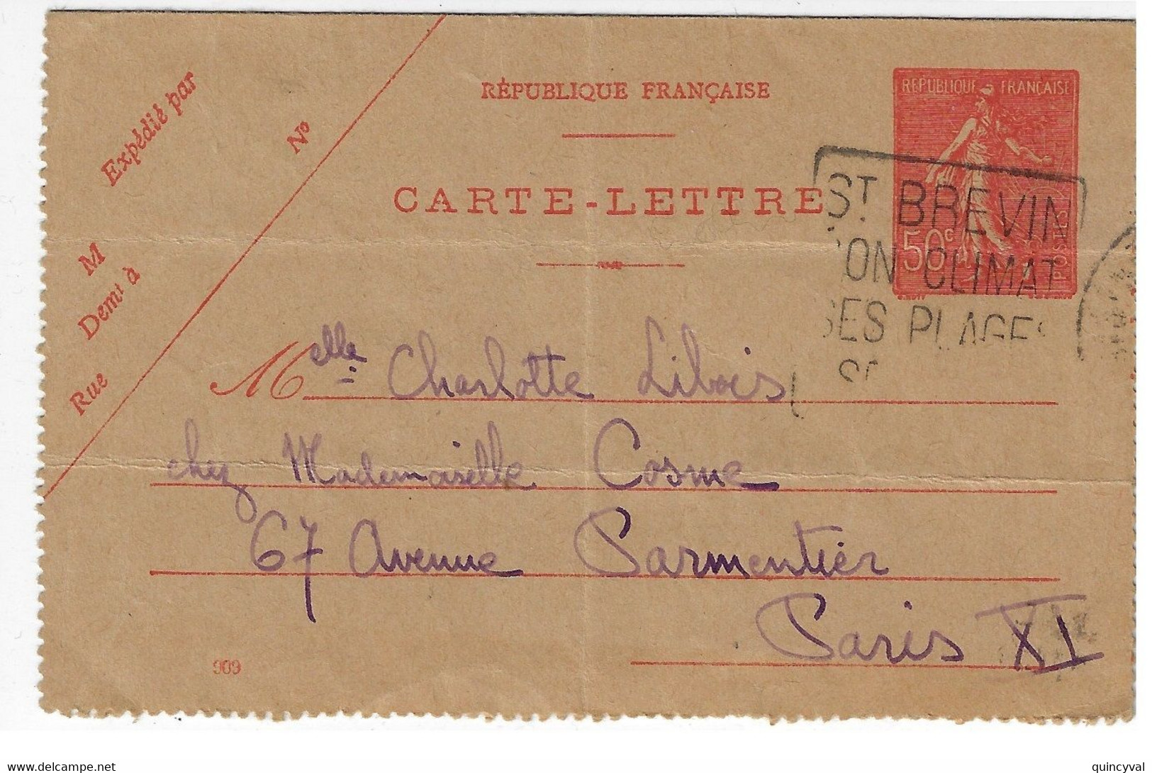 St BREVIN Entier Carte Lettre 50c Semeuse Lignée Yv 199-Cl1 Mill 909 - Kartenbriefe