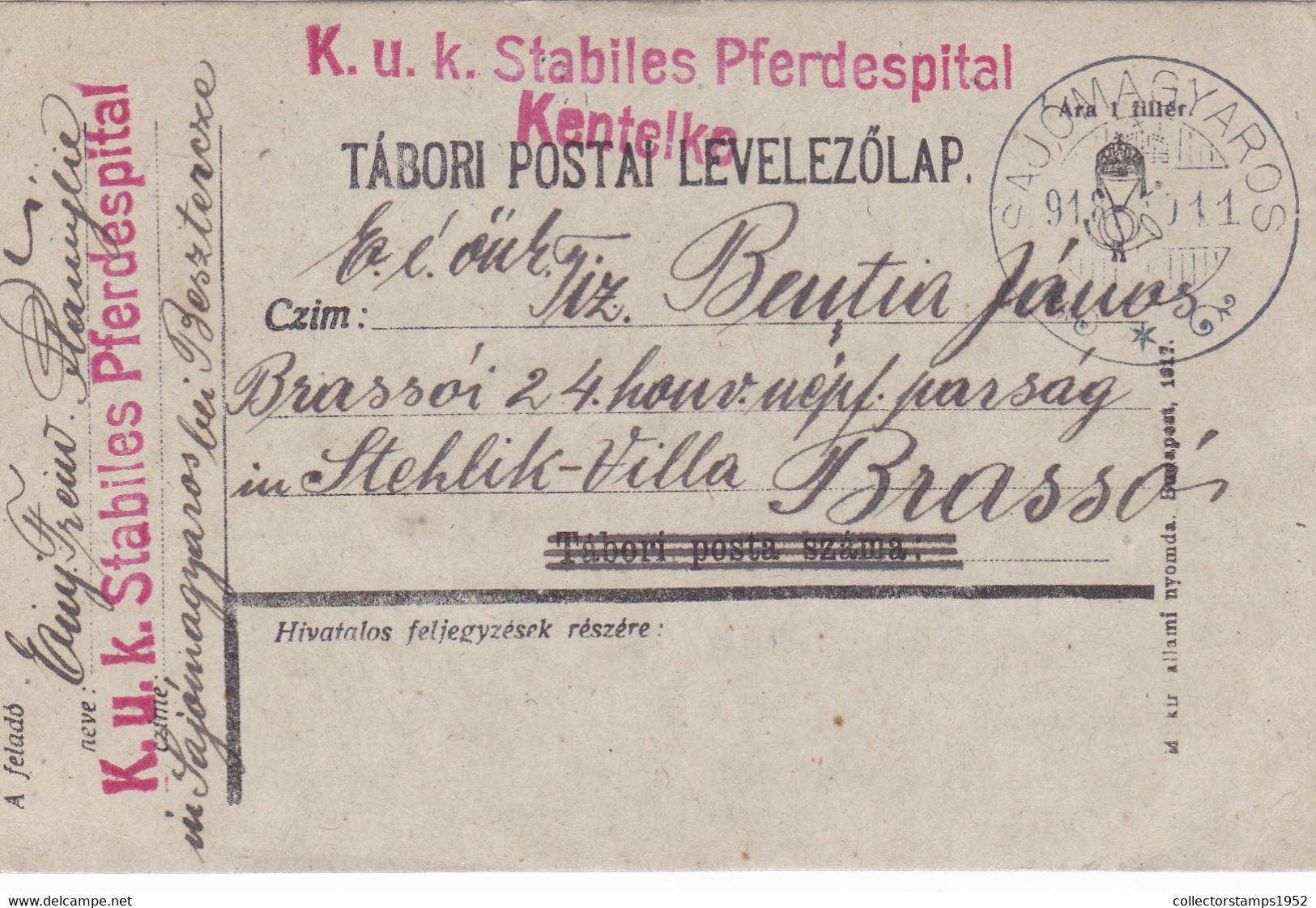 AUSTRO-HUNGARY PC CENSORED PFERDESPITAL,WW1 1918, ROMANIA - 1. Weltkrieg (Briefe)