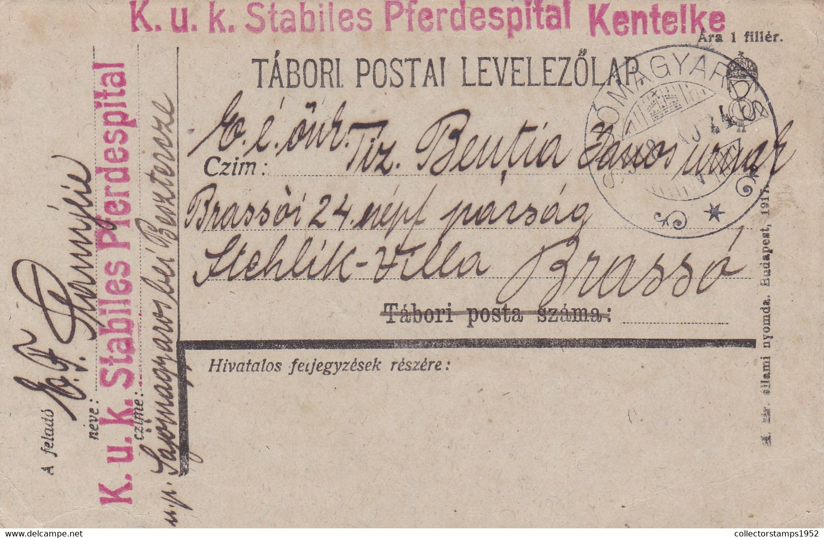 AUSTRO-HUNGARY PC CENSORED PFERDESPITAL,WW1 1918, ROMANIA - 1. Weltkrieg (Briefe)