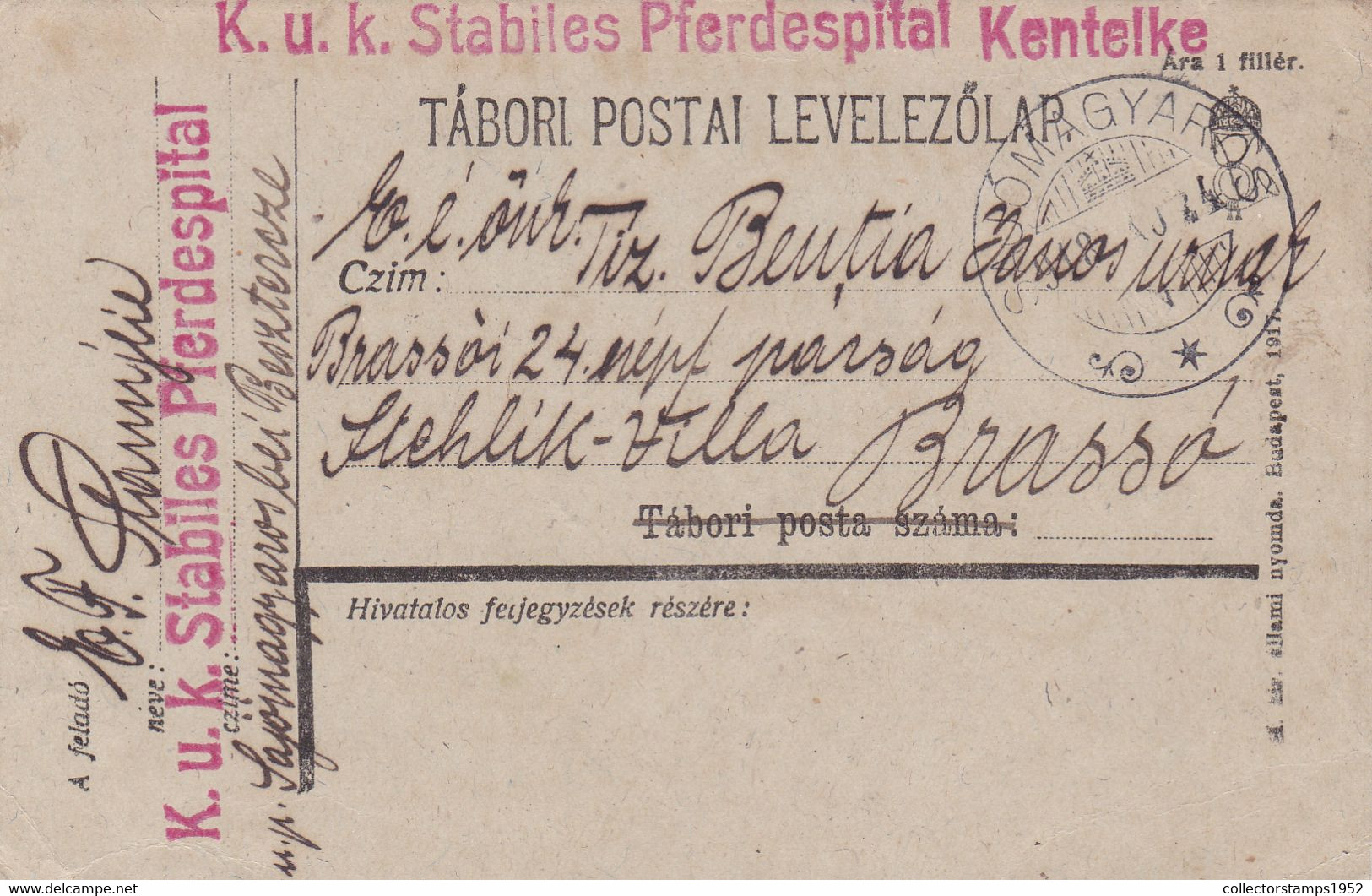 AUSTRO-HUNGARY PC CENSORED PFERDESPITAL,WW1 1918, ROMANIA - World War 1 Letters