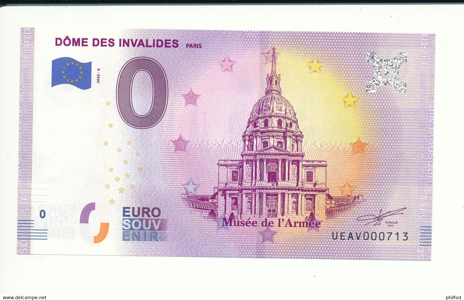 Billet Touristique  0 Euro  - DÔME DES INVALIDES  - UEAV - 2020-6 - N° 713 - Autres & Non Classés