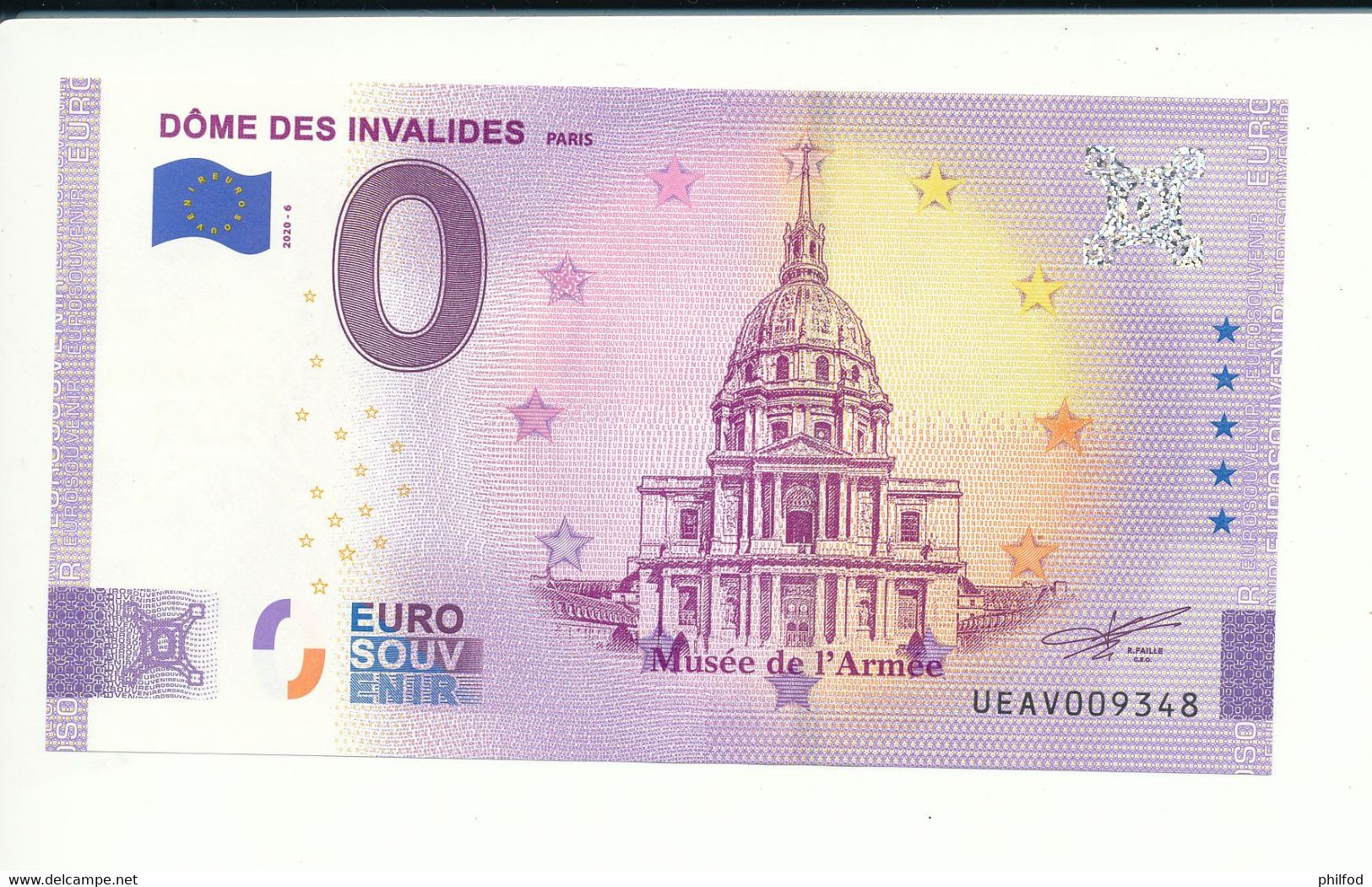Billet Touristique  0 Euro  - DÔME DES INVALIDES  - UEAV - 2020-6  - ANNIV - N° 9348 - Autres & Non Classés