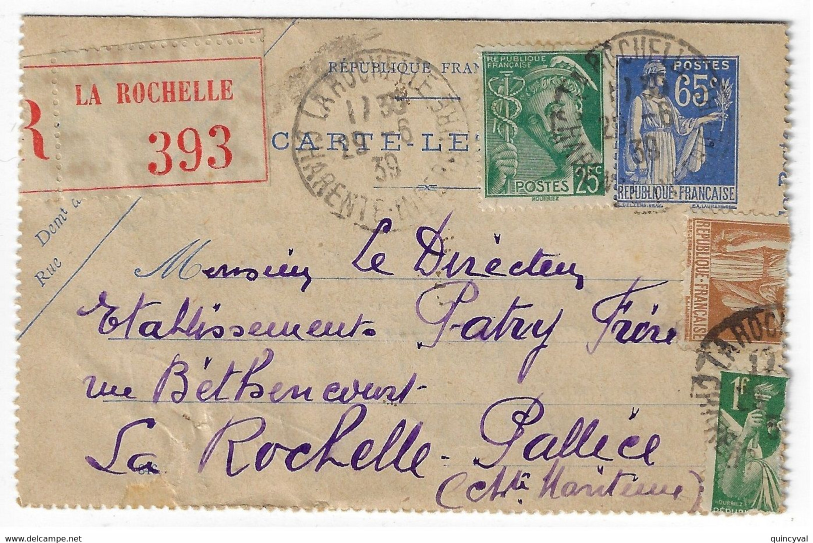 LA ROCHELLE  Carte Lettre RECOMMANDEE 65c Paix Yv 365-CL1 Complément 25c Mercure 1F Iris 45c Paix Yv 411 282 432 Ob 1939 - Tarjetas Cartas