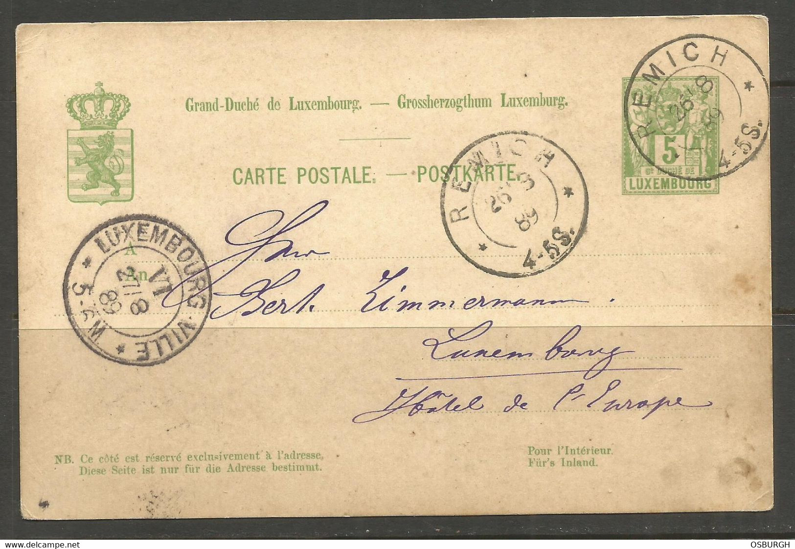 LUXEMBURG. 1889. CARD. REMICH POSTMARK & LUXEMBOURG VILLE ARRIVAL. - 1882 Allégorie