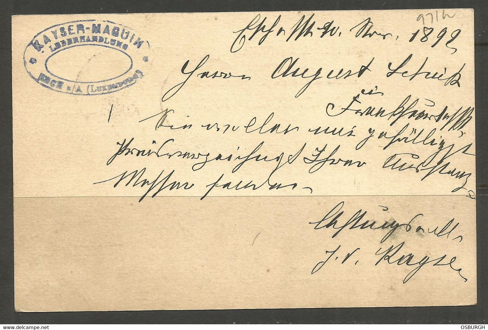 LUXEMBURG. 1892. CARD. ESCH SUR ALZETTE. KAYSER MAGUIN – LEATHER. - 1882 Allégorie