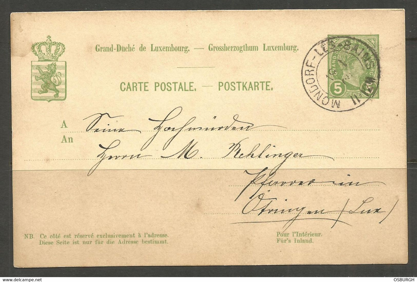 LUXEMBURG. 1901. CARD. MONDORF LES BAINS POSTMARK. - 1895 Adolphe Profil