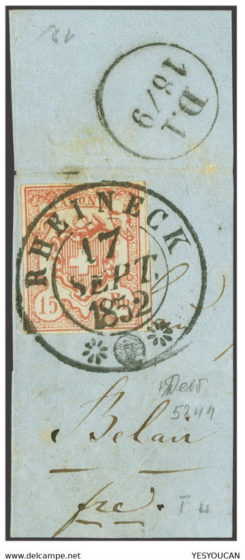 1852 ZNr 20, LUXUS STEMPEL RHEINECK 15 Rp Rayon III Seltener Gruppenabstand, Attest V.der Weid (Schweiz SG St Gallen - 1843-1852 Federale & Kantonnale Postzegels