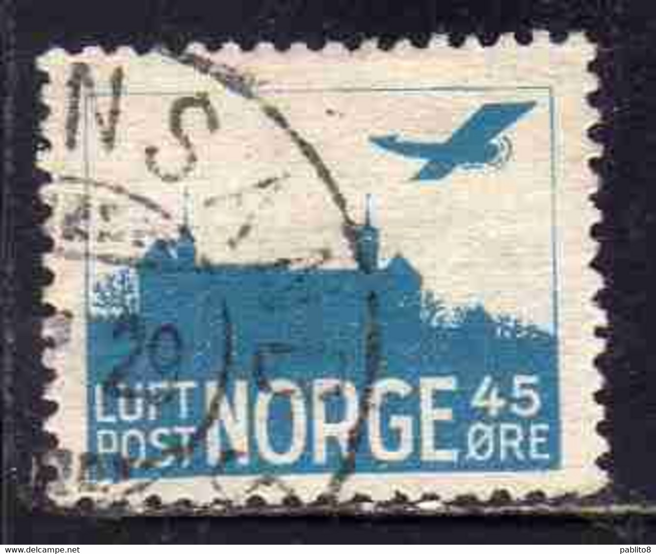 NORWAY NORGE NORVEGIA NORVEGE 1927 1934 AIR POST MAIL AIRMAIL AIRPLANE OVER AKERSHUS CASTLE 45o USED USATO OBLITERE' - Usados