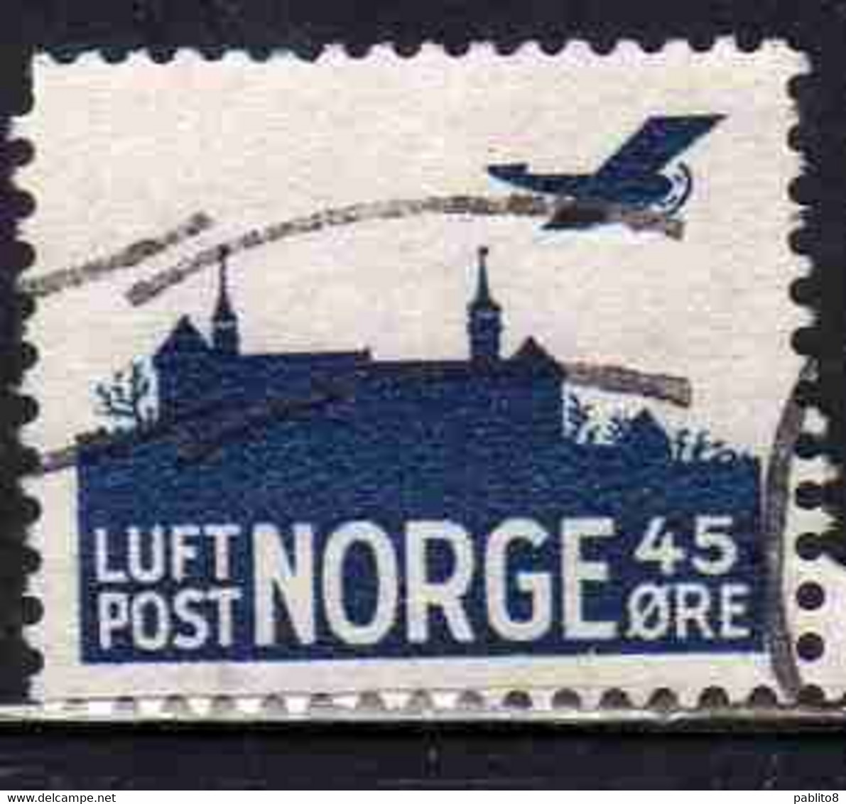 NORWAY NORGE NORVEGIA NORVEGE 1941 AIR POST MAIL AIRMAIL AIRPLANE OVER AKERSHUS CASTLE 45o USED USATO OBLITERE' - Used Stamps
