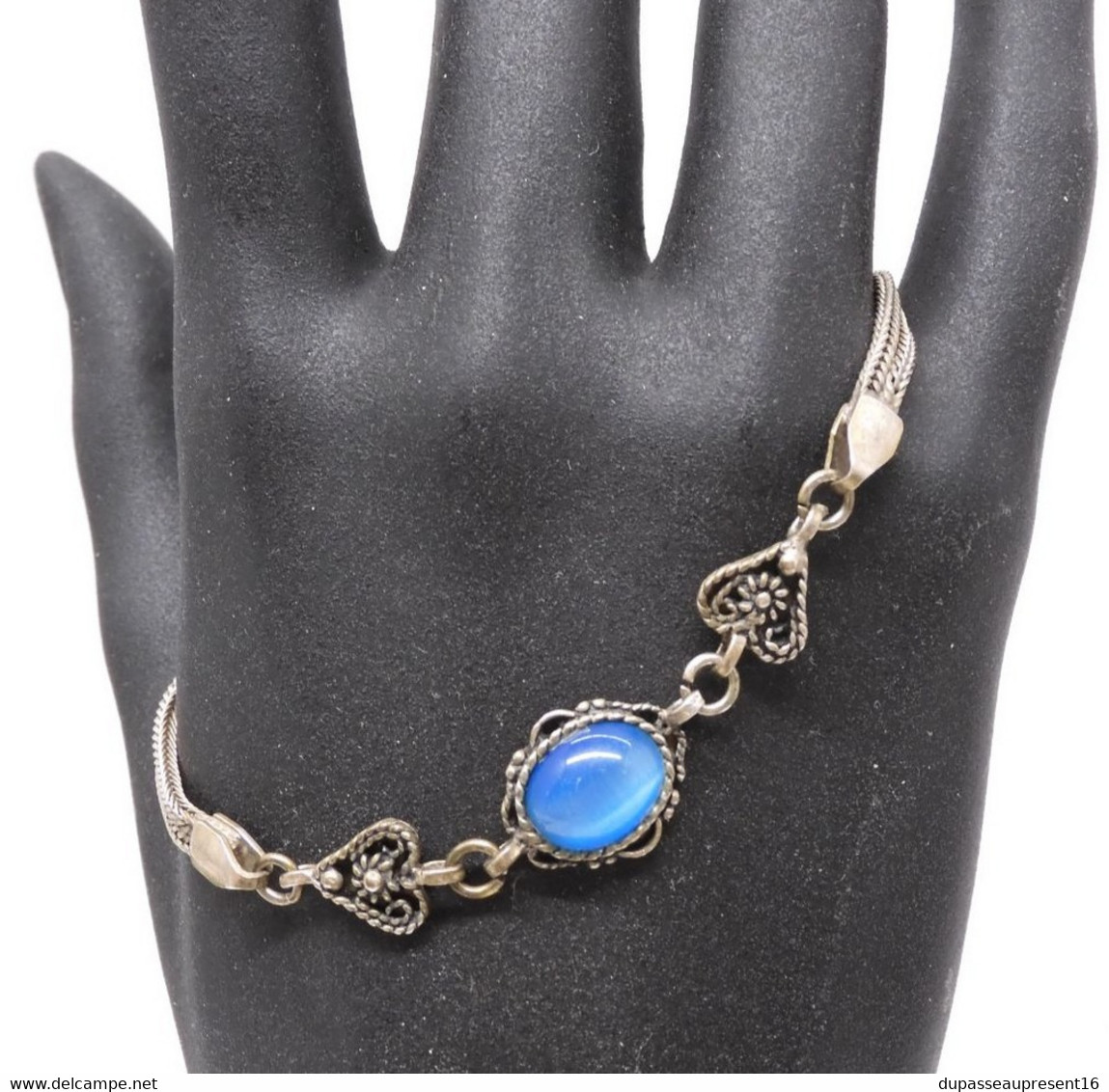 *JOLI ANCIEN BRACELET ARGENT 925e & Pierre Centrale VERRE BLEU 2 COEURS Autour E - Pulseras