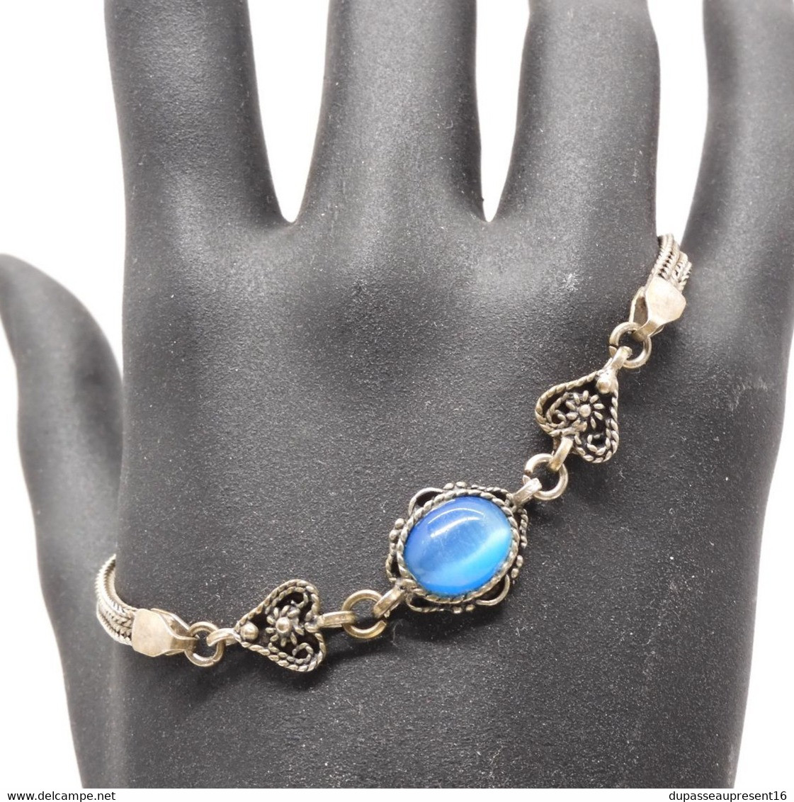 *JOLI ANCIEN BRACELET ARGENT 925e & Pierre Centrale VERRE BLEU 2 COEURS Autour E - Pulseras