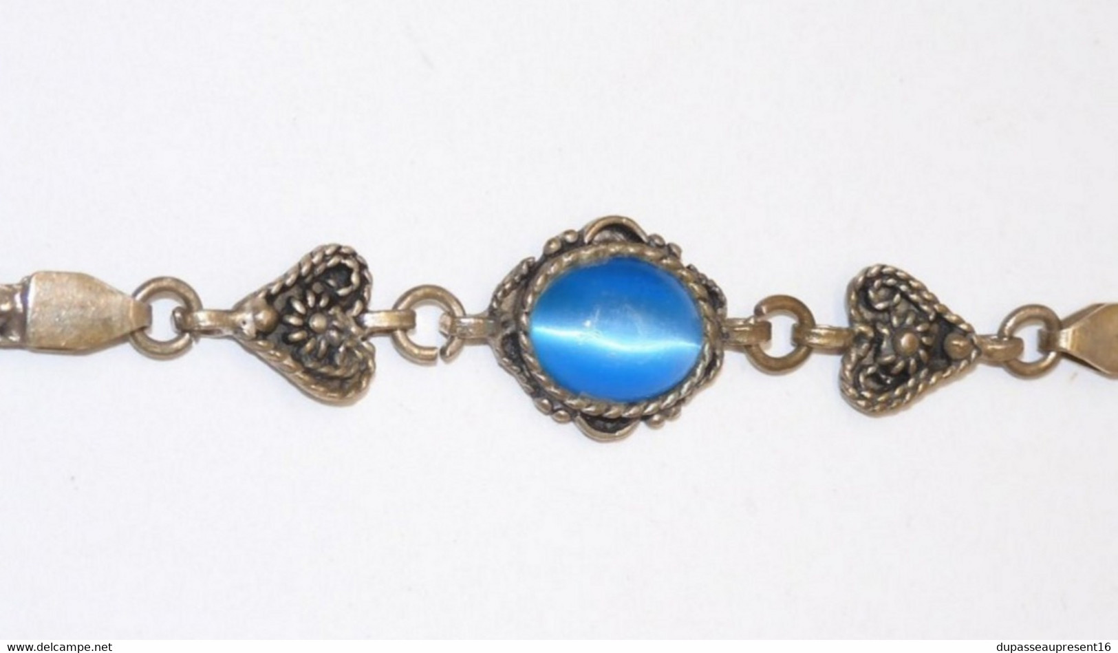 *JOLI ANCIEN BRACELET ARGENT 925e & Pierre Centrale VERRE BLEU 2 COEURS autour E