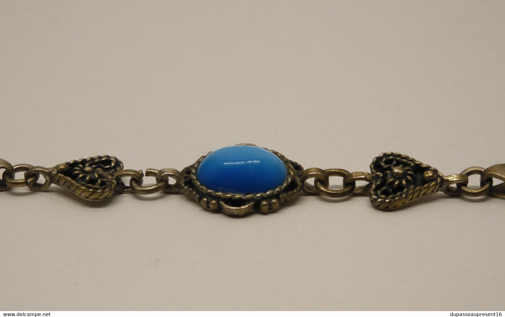 *JOLI ANCIEN BRACELET ARGENT 925e & Pierre Centrale VERRE BLEU 2 COEURS autour E