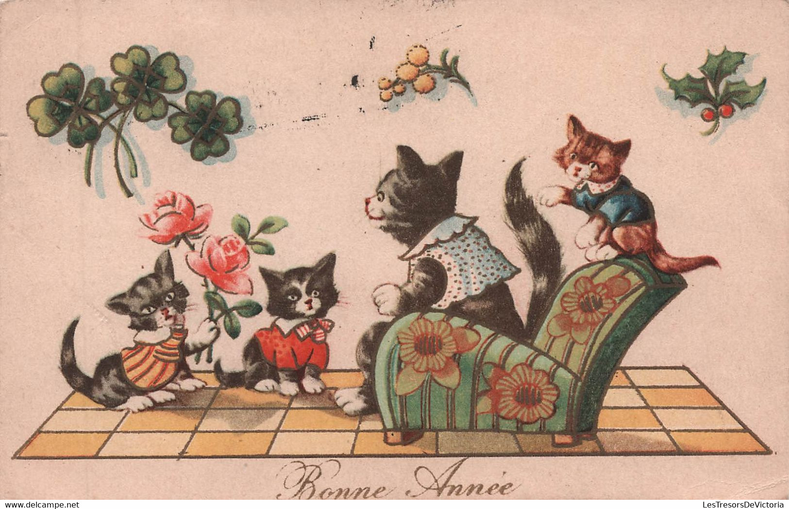 CPA Fantaisie - Animaux Habillés - Maman Chat Dans Un Fauteuil Et Ses Chatons - Bonne Année - Dressed Animals