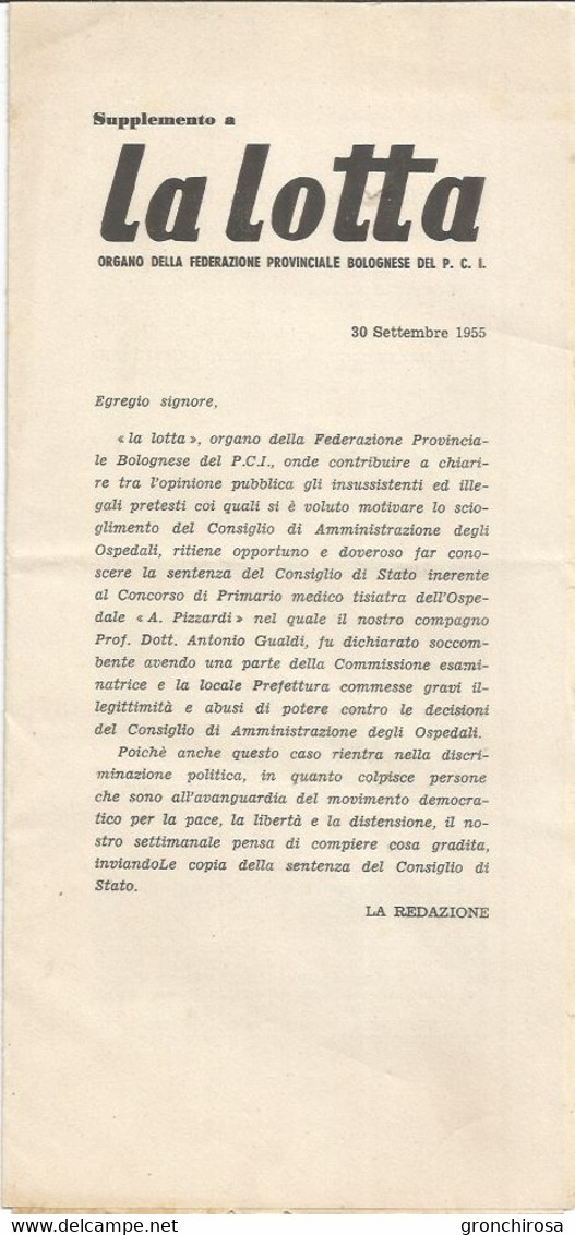 Bologna 1955 La Lotta Organo Federazione PCI, Ricorso Per Il Primario Di Tisiatria Dell'Ospedale C.A. Pizzardi. - Society, Politics & Economy