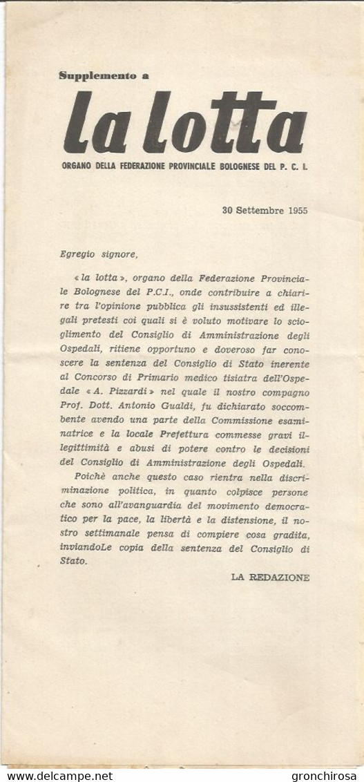 Bologna 1955 La Lotta Organo Federazione PCI, Ricorso Per Il Primario Di Tisiatria Dell'Ospedale C.A. Pizzardi. - Société, Politique, économie