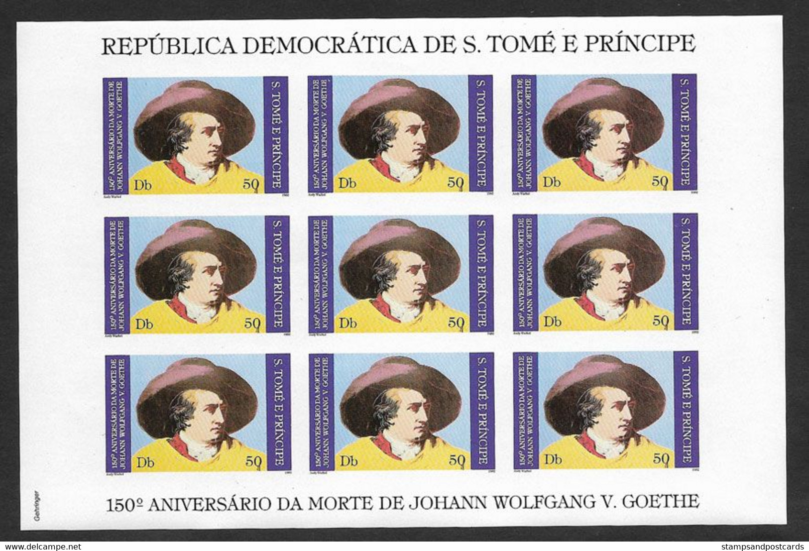 Sao Tome Et Principe 1982 Feuillet ND Johann Wolfgang V. Goethe Ecrivain Writer St Thomas & Prince Imperf Sheetlet - Ecrivains