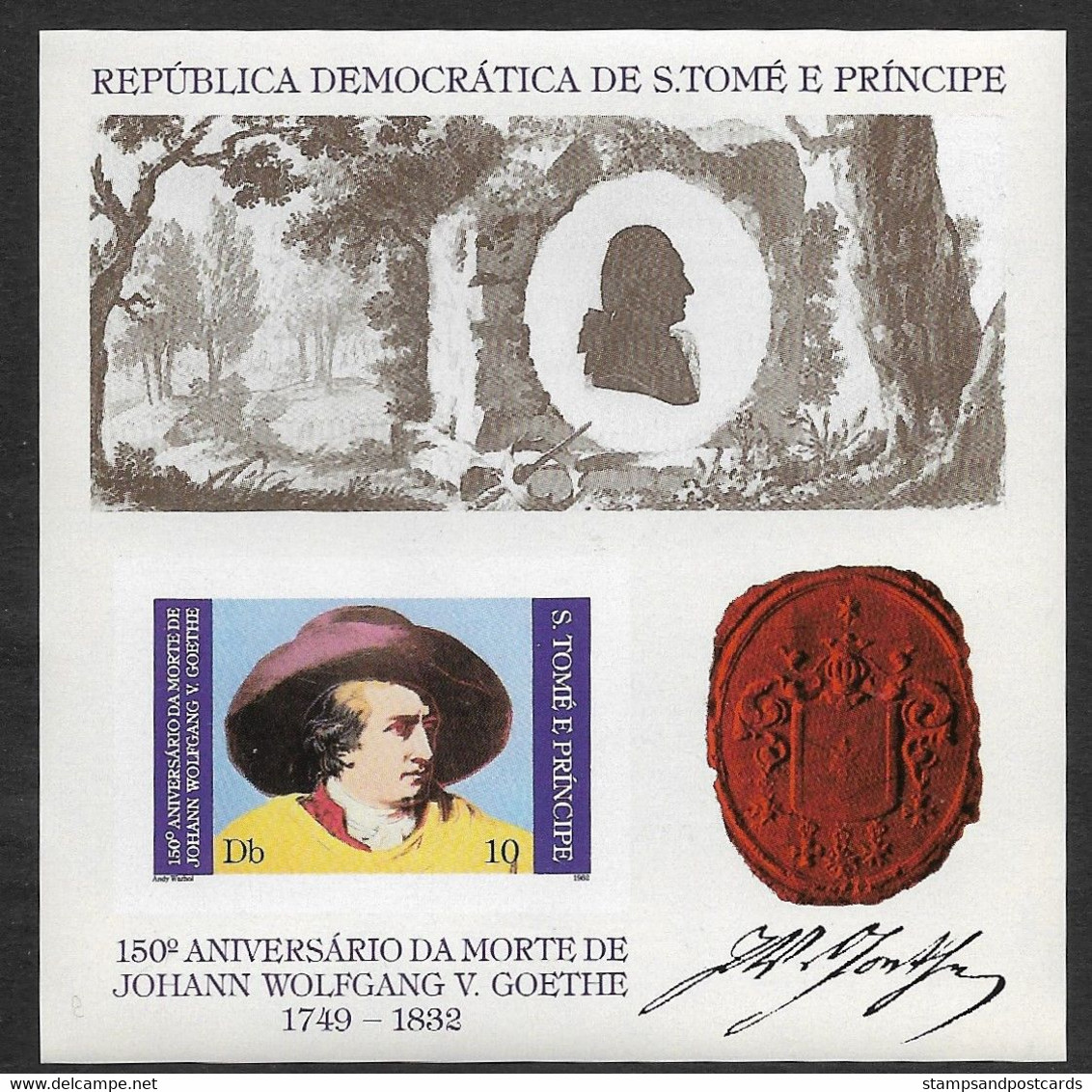 Sao Tome Et Principe 1982 Bloc Non Dentelé Johann Wolfgang V. Goethe Ecrivain Writer St Thomas & Prince Imperf S/s - Ecrivains