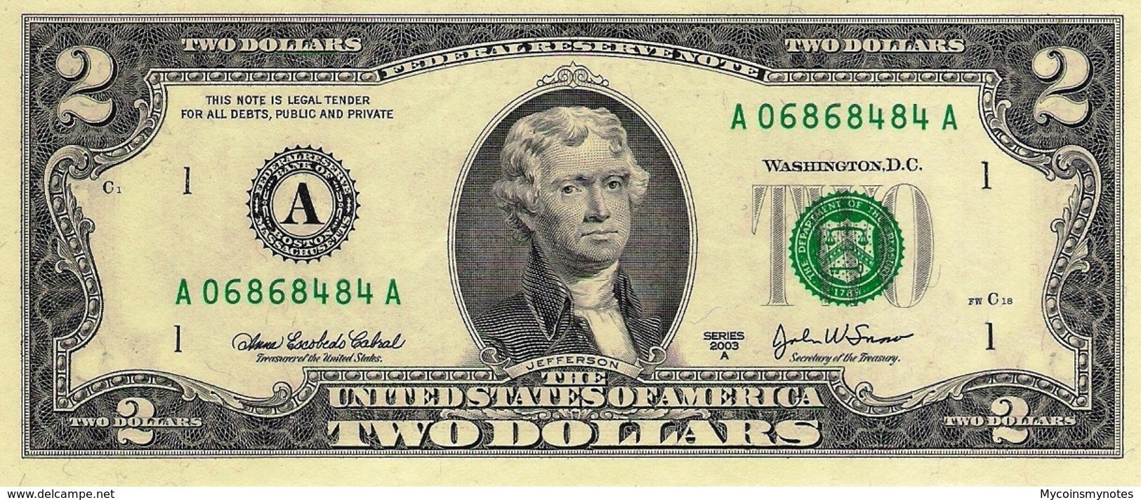 USA, 2 Dollars Commemorative, Reserve Bank Of Boston (A), P516b, 2003A, UNC - Unclassified