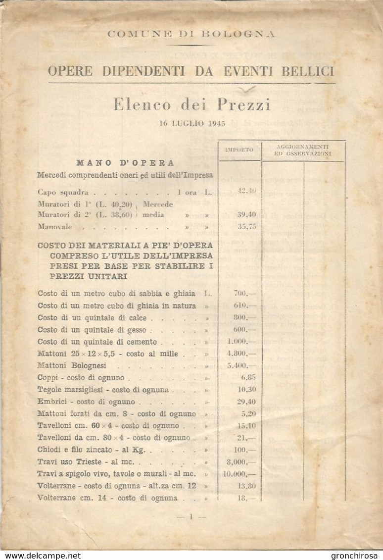 Comune Di Bologna 1945, Opere Dipendenti Da Eventi Bellici, Elenco Dei Prezzi. 18 Pagg. - Gesellschaft Und Politik