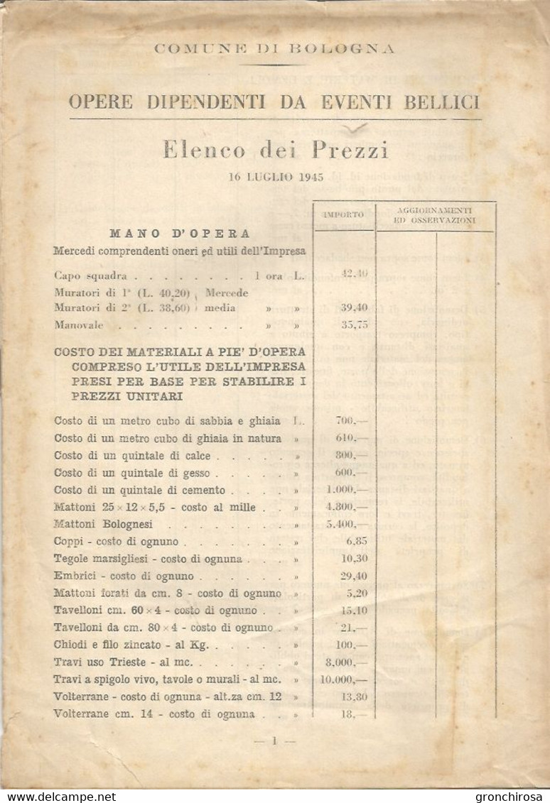 Comune Di Bologna 1945, Opere Dipendenti Da Eventi Bellici, Elenco Dei Prezzi. 18 Pagg. - Société, Politique, économie