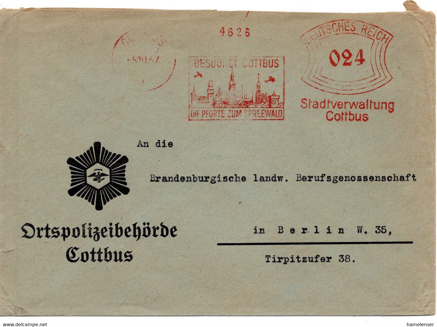 56593 - Deutsches Reich - 1937 - 24Pfg AbsFreistpl COTTBUS - BESUCHET COTTBUS ... -> Berlin, Abs; Ortspolizeibehoerde - Politie En Rijkswacht