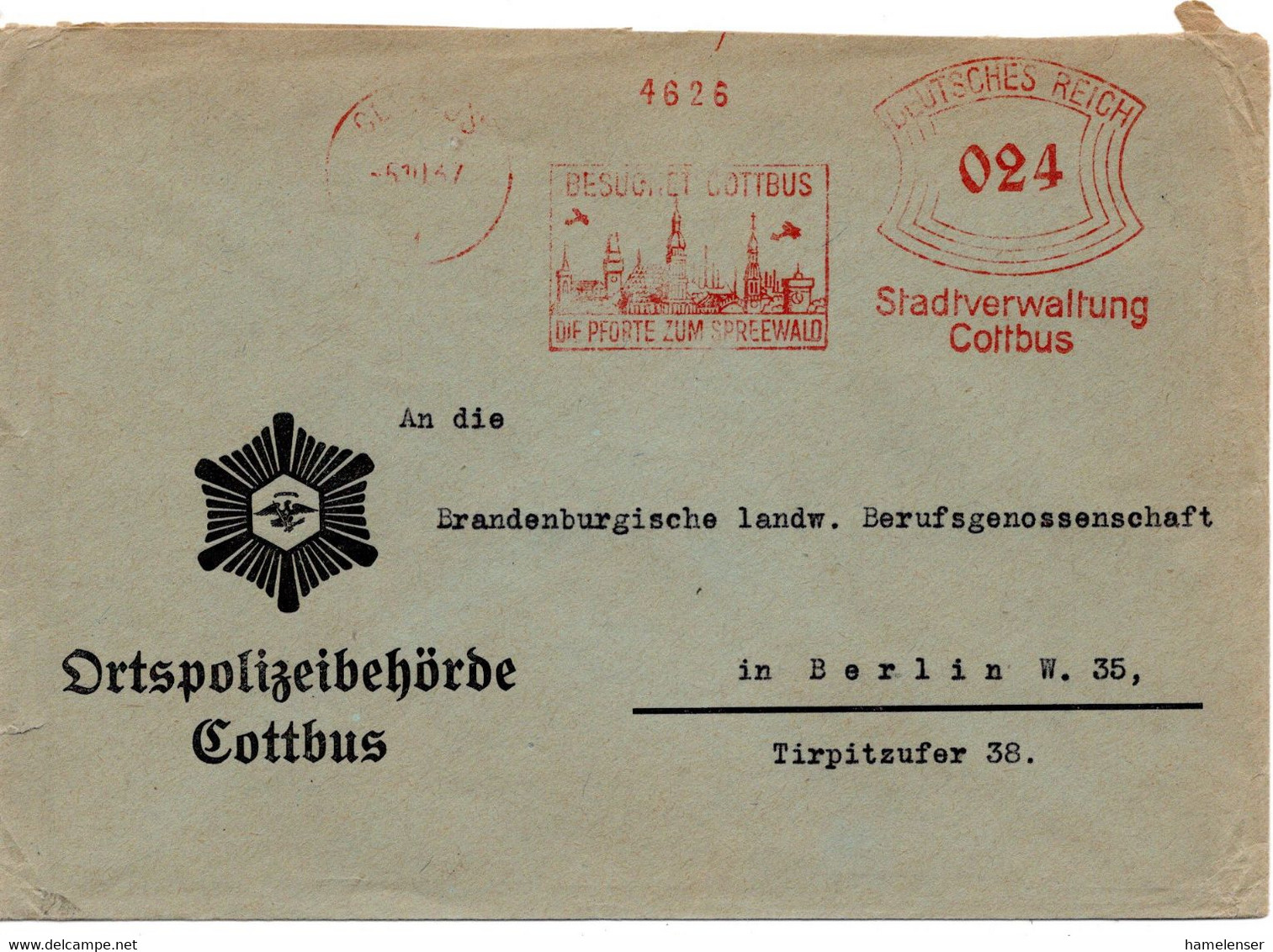 56593 - Deutsches Reich - 1937 - 24Pfg AbsFreistpl COTTBUS - BESUCHET COTTBUS ... -> Berlin, Abs; Ortspolizeibehoerde - Police - Gendarmerie