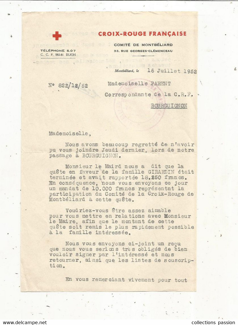 Lettre, CROIX ROUGE FRANCAISE,  MONTBELIARD,  1952, Quête, 2 Scans ,  Frais Fr 1.65 E - Ohne Zuordnung