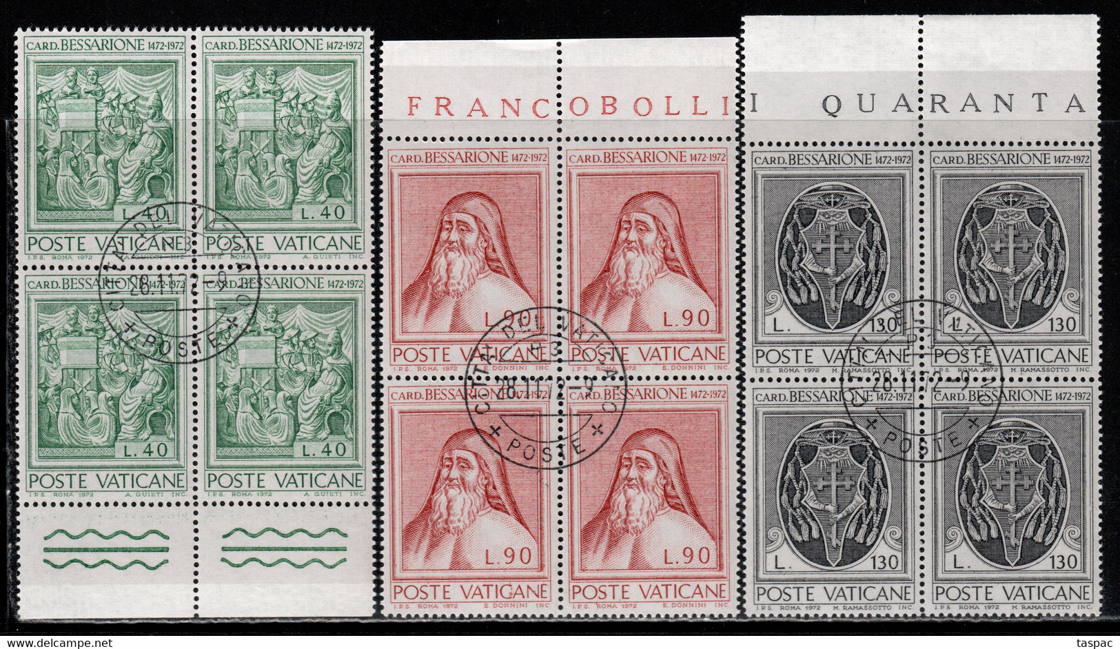 Vatican 1972 Mi# 610-612 Used - Set In Blocks Of 4 - Johannes Cardinal Bessarion - Used Stamps