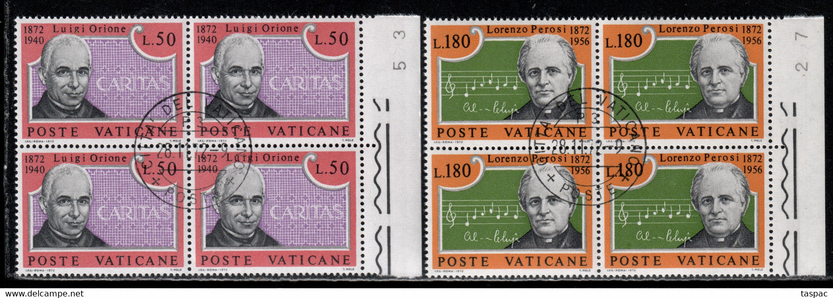 Vatican 1972 Mi# 613-614 Used - Set In Blocks Of 4 - Luigi Orione / Lorenzo Perosi - Usados