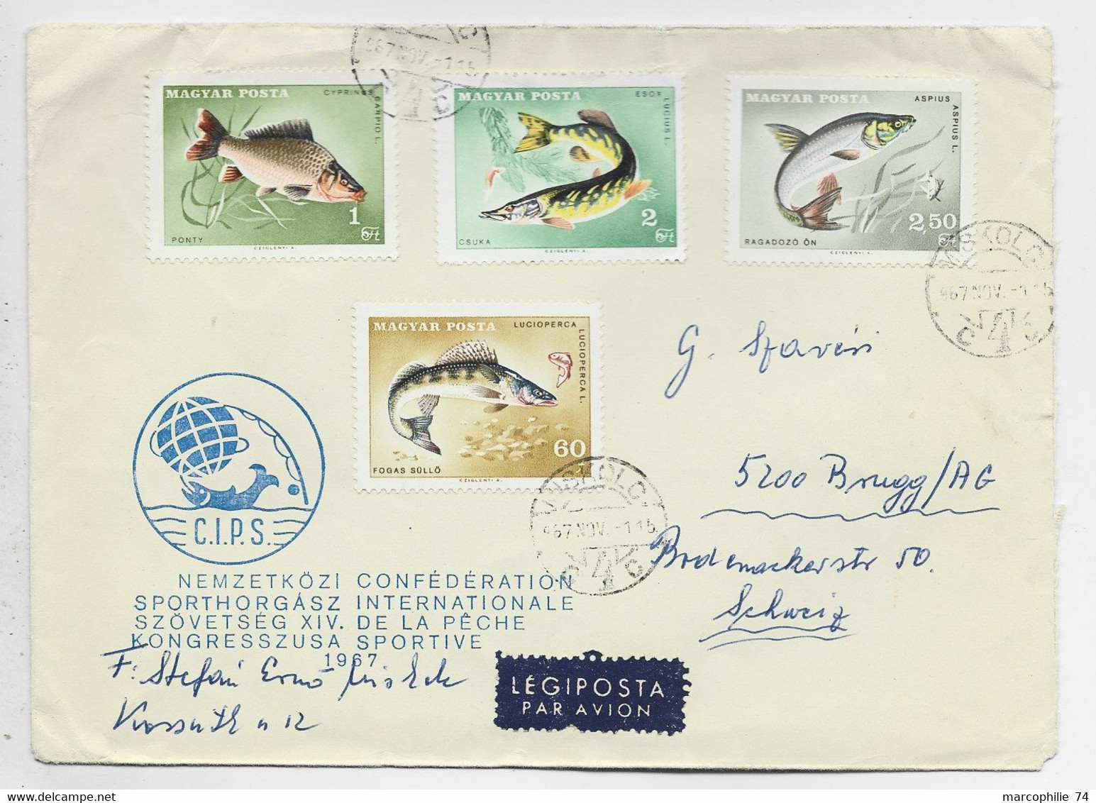 HUNGARY HONGRIE MAGYAR FISH POISSON LETTRE COVER REC KONGRESS PECHE SPORTIVE MISKOLO 1967 AVION SUISSE - Cartas & Documentos