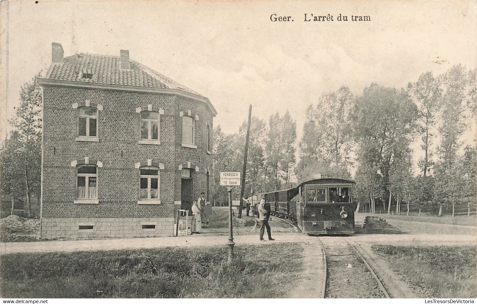 CPA - Belgique - Geer L'Arrêt Du Tram - Edit. N. Laflotte - Oblitéré Hollogne Sur Geer 1919 - Animé - Tram - - Geer