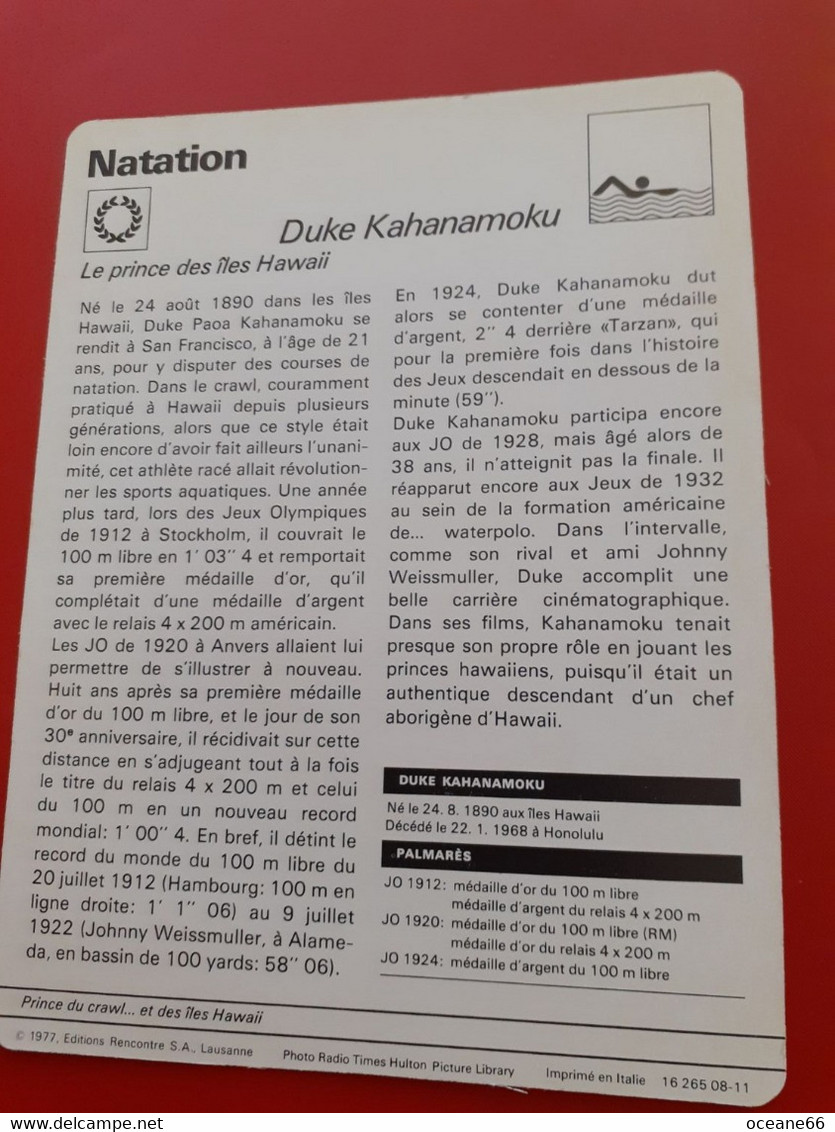 Fiche Rencontre Duke Kahanamoku Natation - Swimming